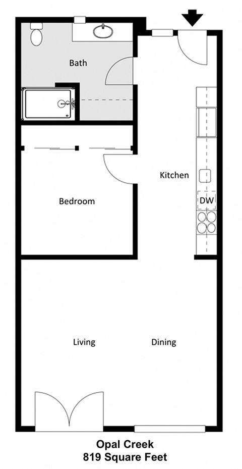 Floor plan for 1 bed, 1 bath, 819 sqft